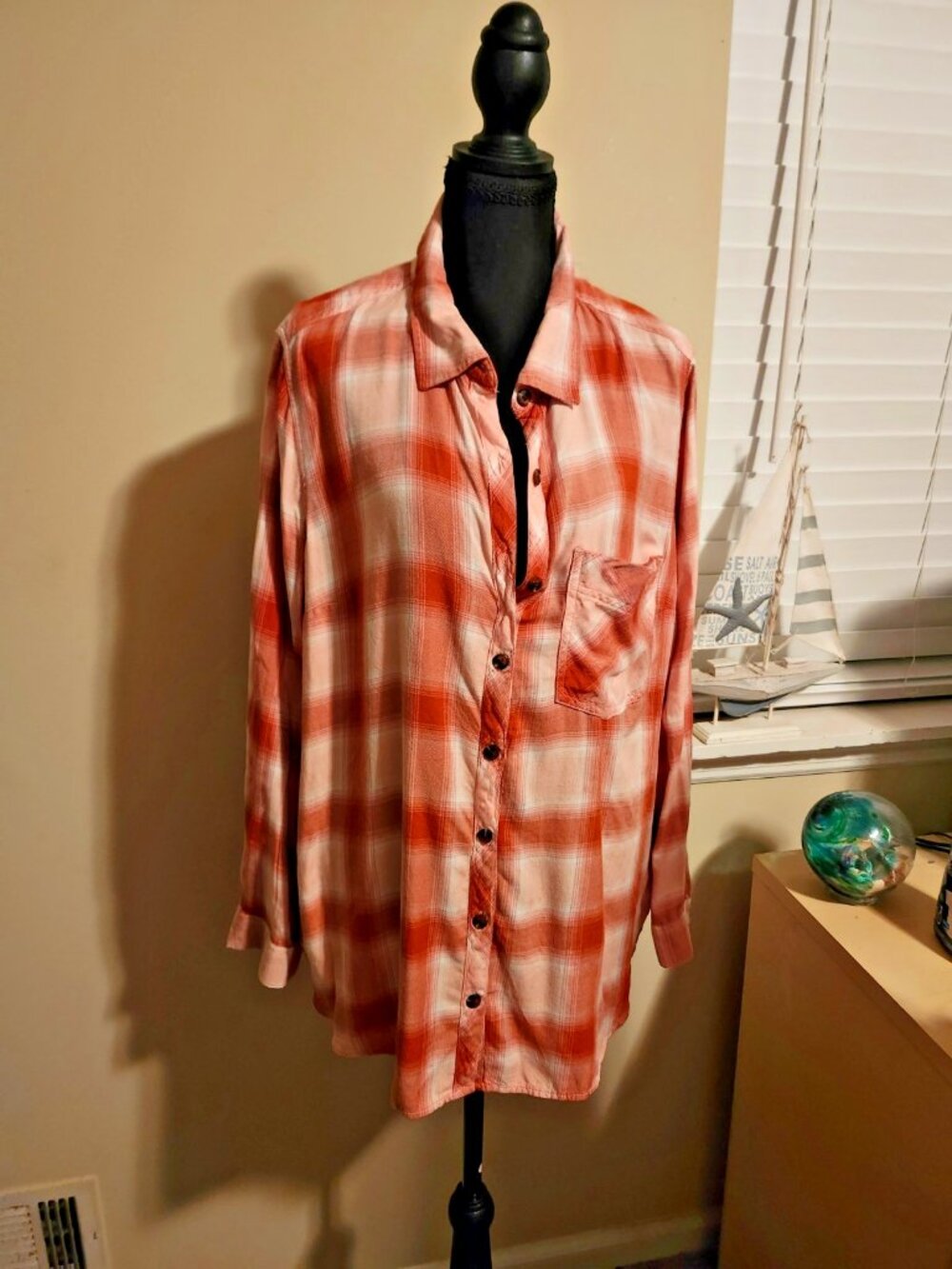 Terra Sky Womens 1X Rust Plaid Button Up Shirt Collared Grunge Country Western